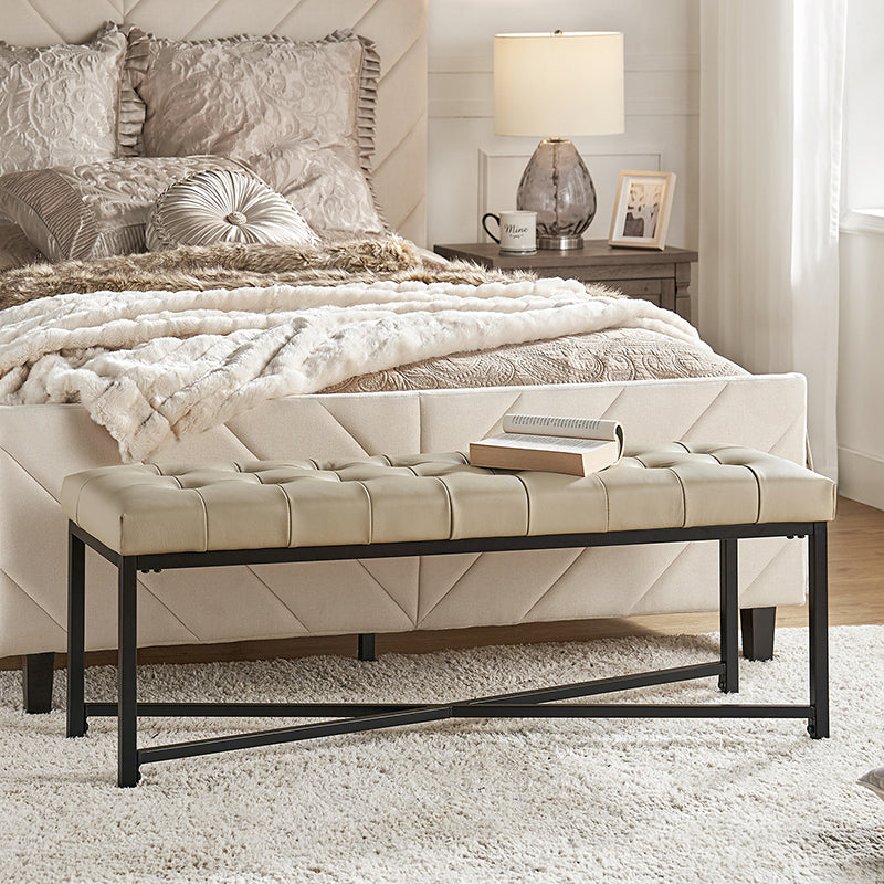Banc de rangement en cuir pleine fleur avec capitonnage, plateau relevable et pieds en métal | Beige / Noir / Marron | Simple