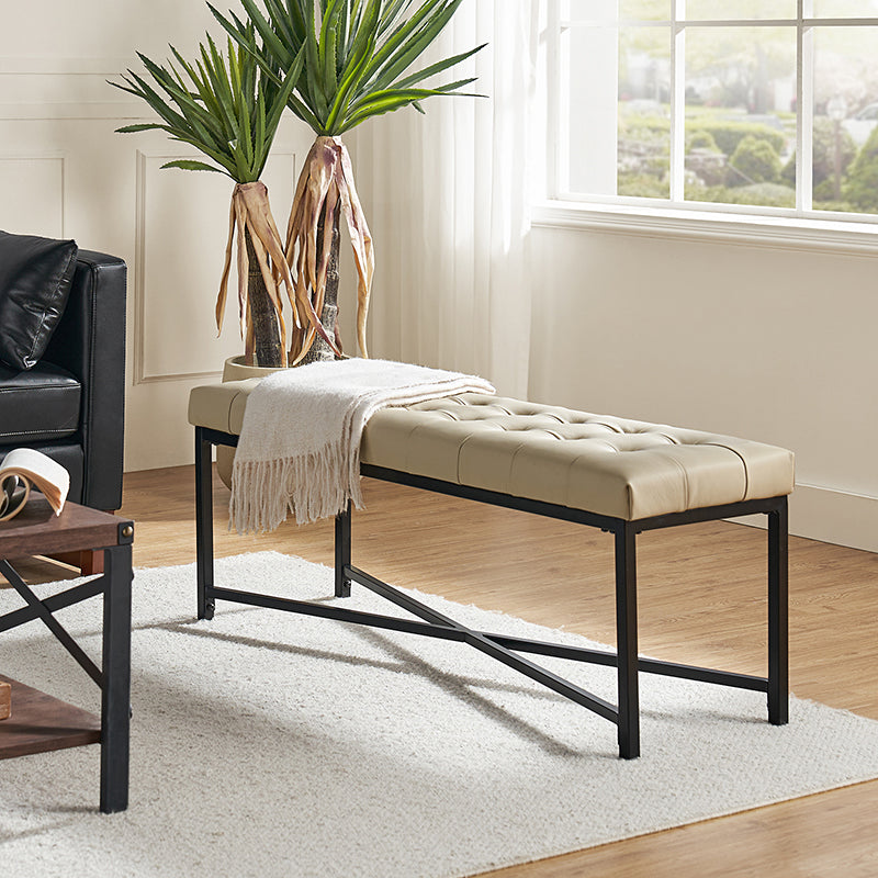 Banc de rangement en cuir pleine fleur avec capitonnage, plateau relevable et pieds en métal | Beige / Noir / Marron | Simple
