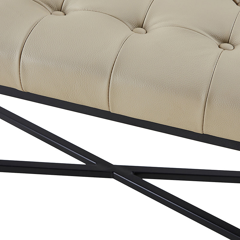 Banc de rangement en cuir pleine fleur avec capitonnage, plateau relevable et pieds en métal | Beige / Noir / Marron | Simple