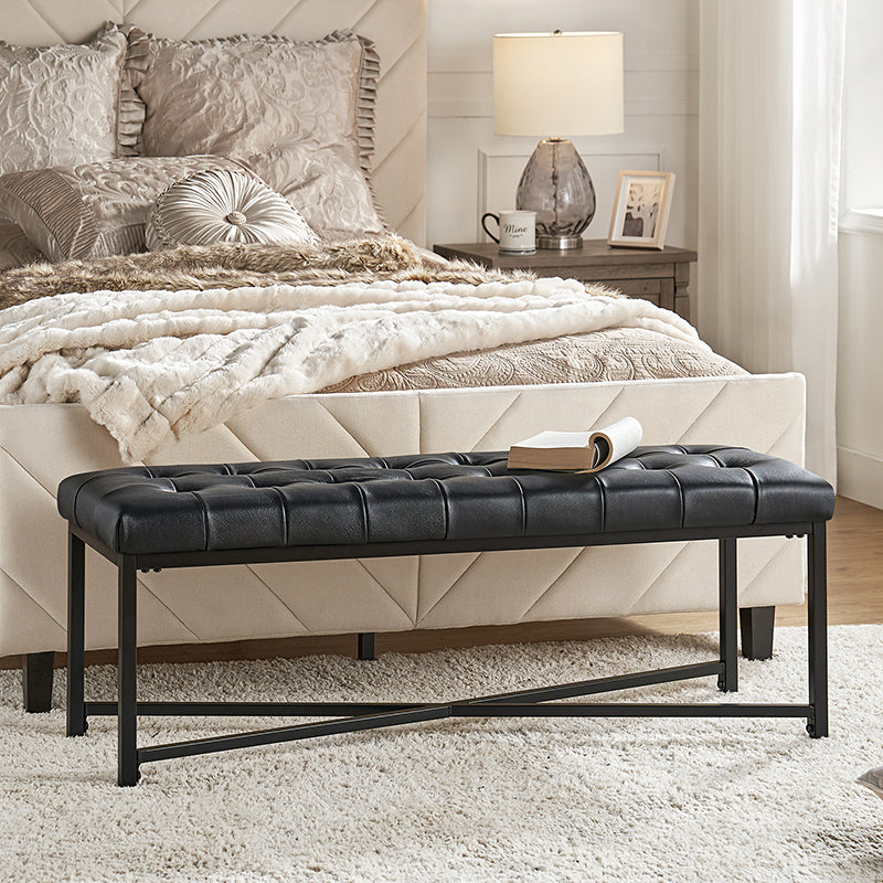 Banc de rangement en cuir pleine fleur avec capitonnage, plateau relevable et pieds en métal | Beige / Noir / Marron | Simple