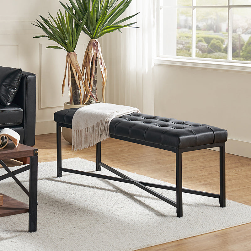 Banc de rangement en cuir pleine fleur avec capitonnage, plateau relevable et pieds en métal | Beige / Noir / Marron | Simple