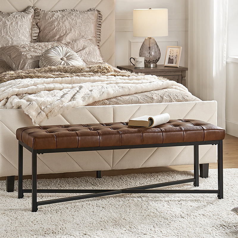 Banc de rangement en cuir pleine fleur avec capitonnage, plateau relevable et pieds en métal | Beige / Noir / Marron | Simple