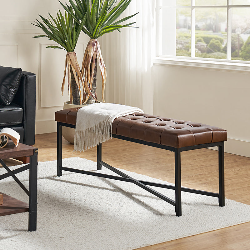 Banc de rangement en cuir pleine fleur avec capitonnage, plateau relevable et pieds en métal | Beige / Noir / Marron | Simple