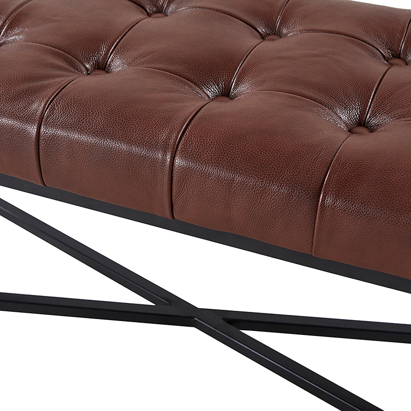 Banc de rangement en cuir pleine fleur avec capitonnage, plateau relevable et pieds en métal | Beige / Noir / Marron | Simple