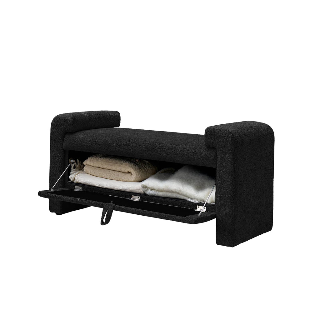 Banc en tissu bouclé avec tiroir escamotable et pieds en bois massif | Ivoire / Noir / Sauge | Simple