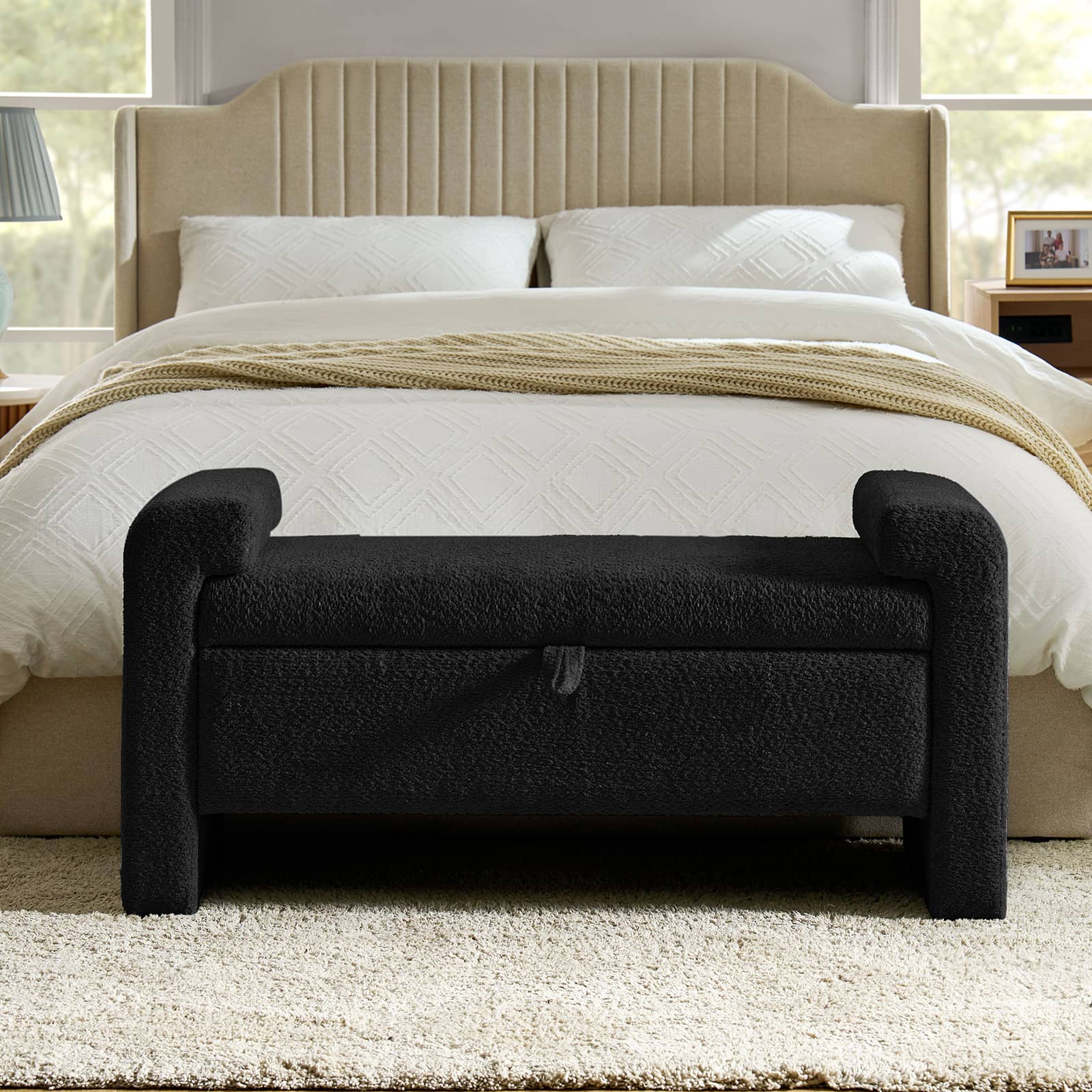Banc en tissu bouclé avec tiroir escamotable et pieds en bois massif | Ivoire / Noir / Sauge | Simple
