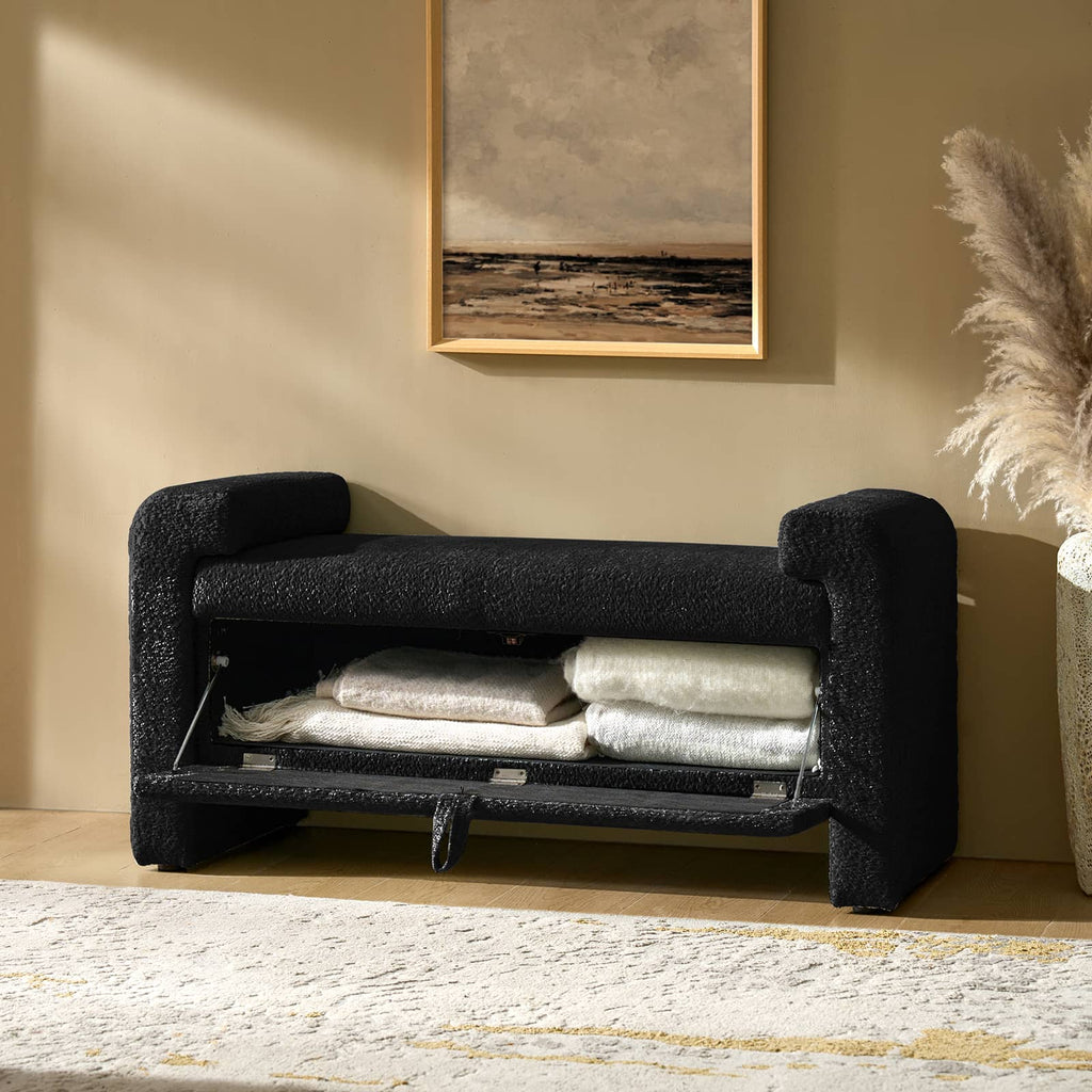 Banc en tissu bouclé avec tiroir escamotable et pieds en bois massif | Ivoire / Noir / Sauge | Simple