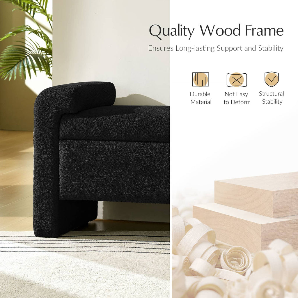 Banc en tissu bouclé avec tiroir escamotable et pieds en bois massif | Ivoire / Noir / Sauge | Simple