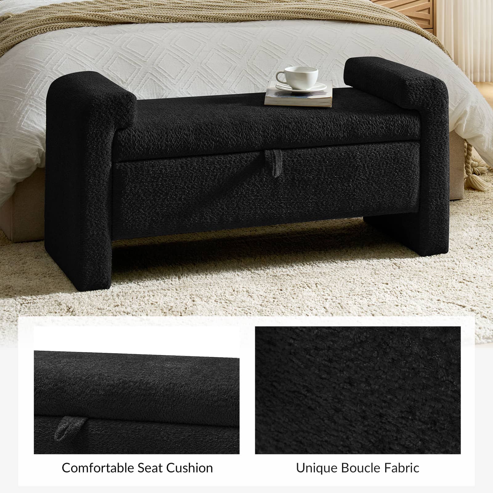 Banc en tissu bouclé avec tiroir escamotable et pieds en bois massif | Ivoire / Noir / Sauge | Simple