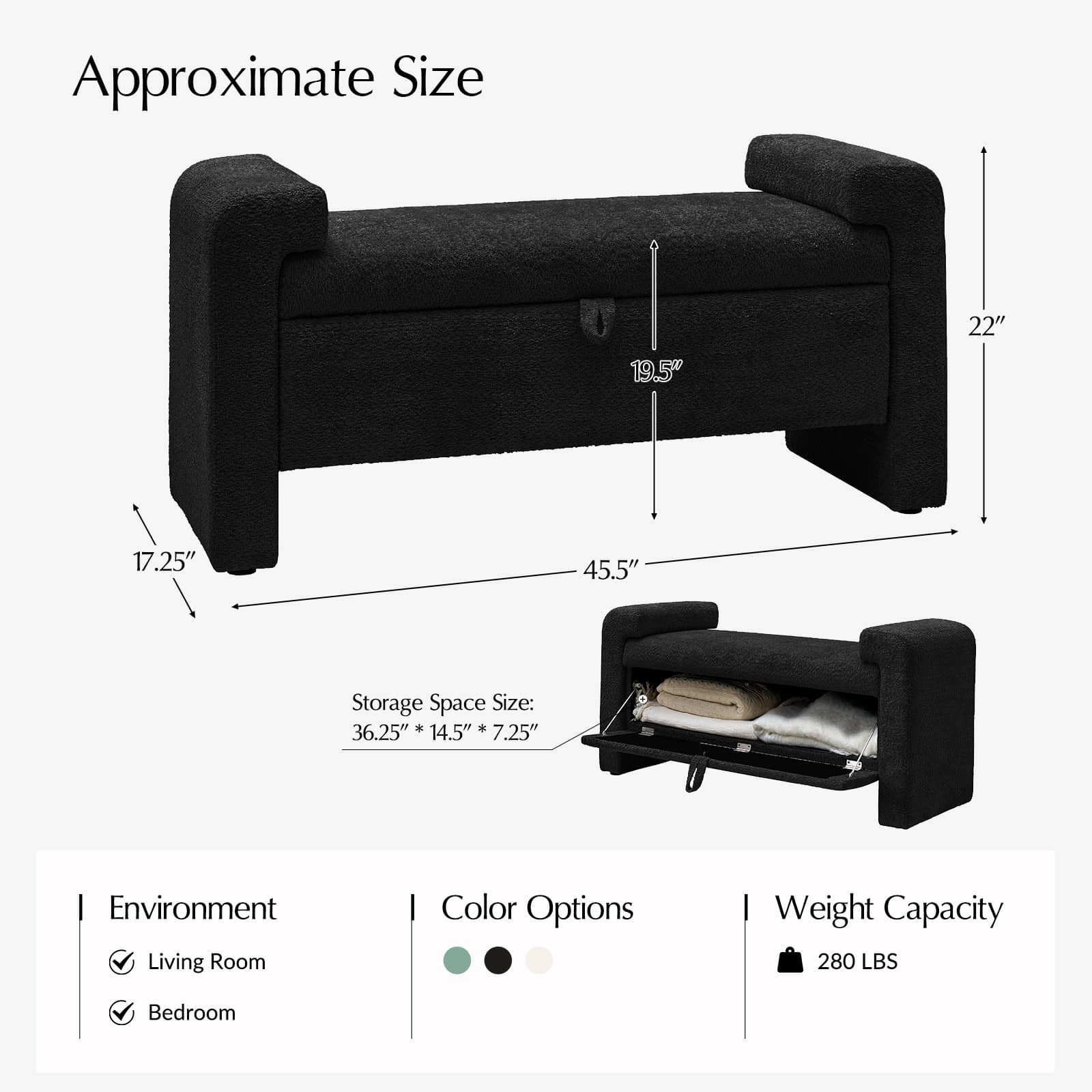 Banc en tissu bouclé avec tiroir escamotable et pieds en bois massif | Ivoire / Noir / Sauge | Simple