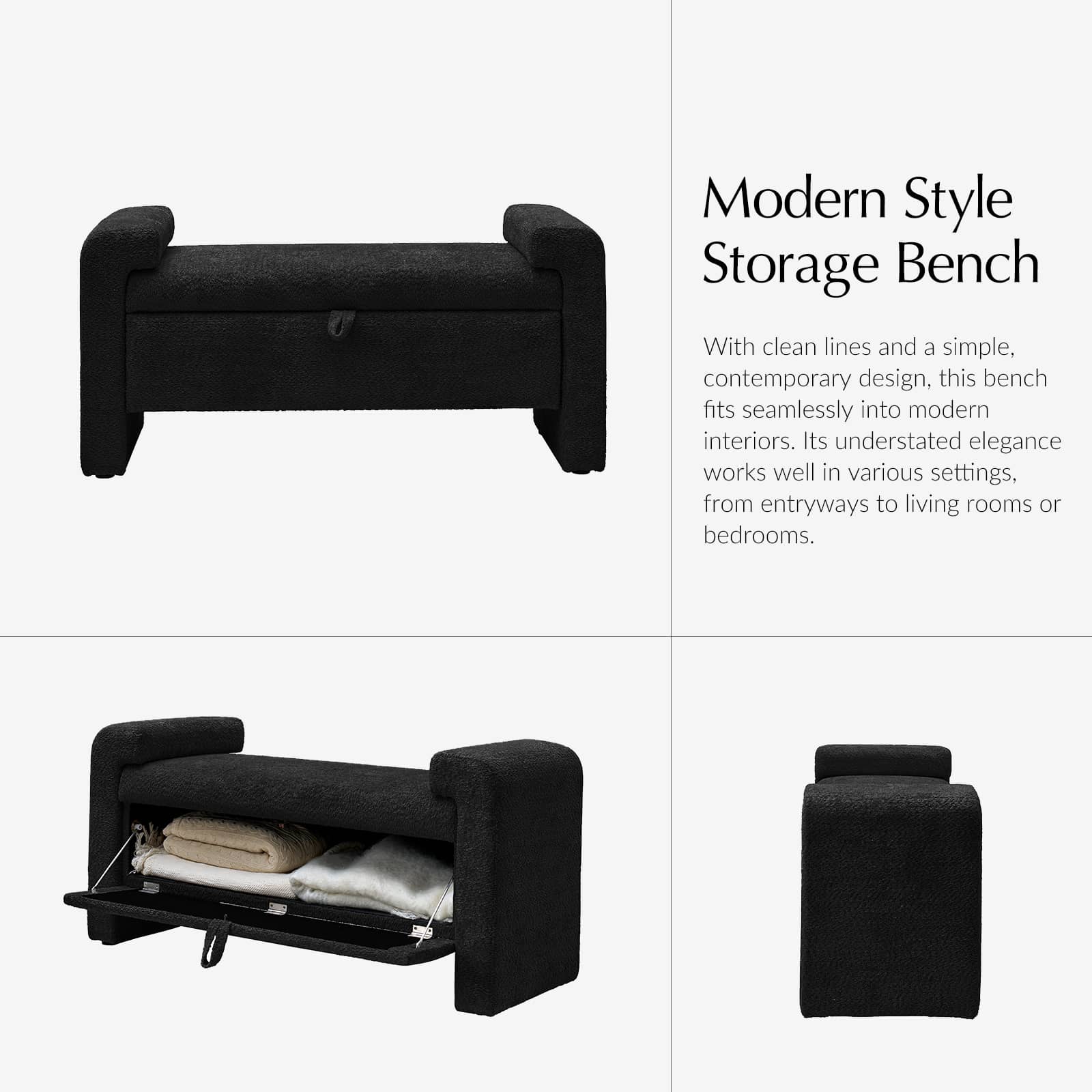 Banc en tissu bouclé avec tiroir escamotable et pieds en bois massif | Ivoire / Noir / Sauge | Simple