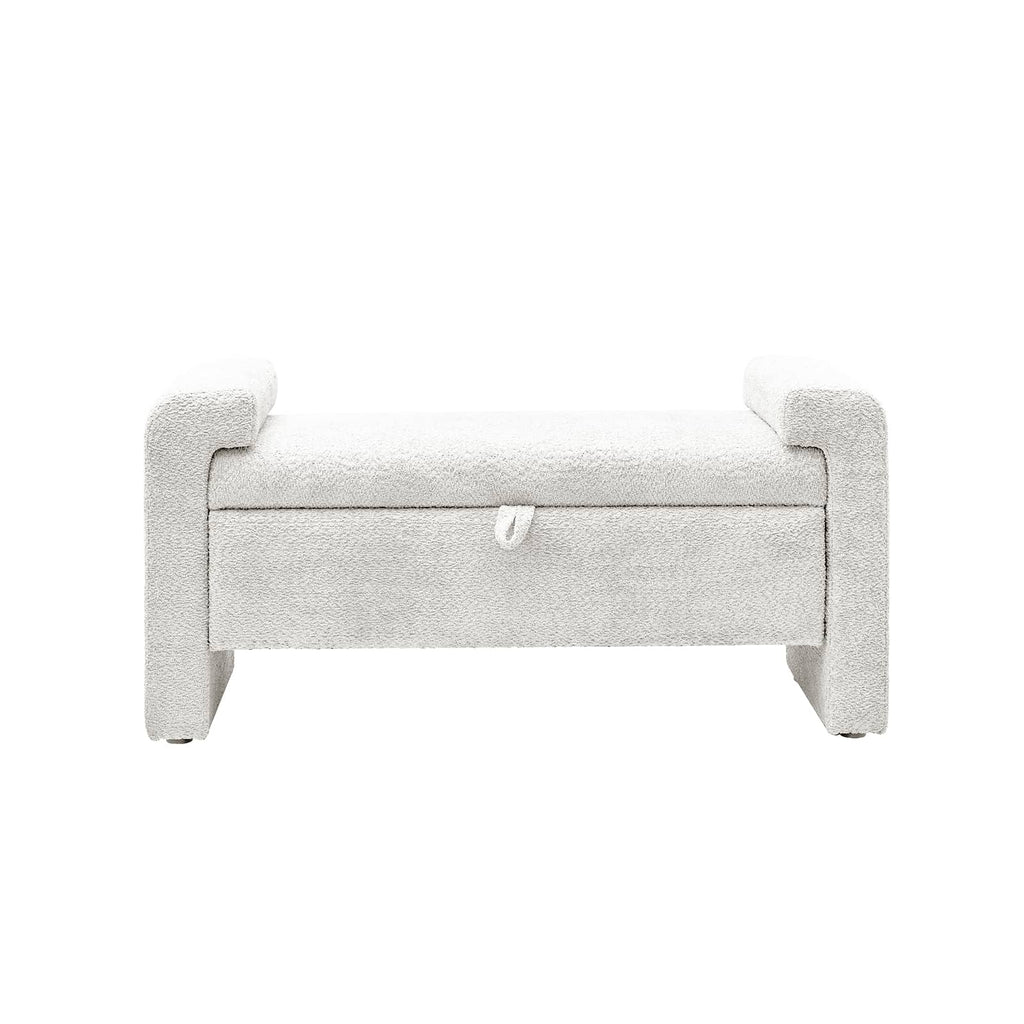 Banc en tissu bouclé avec tiroir escamotable et pieds en bois massif | Ivoire / Noir / Sauge | Simple