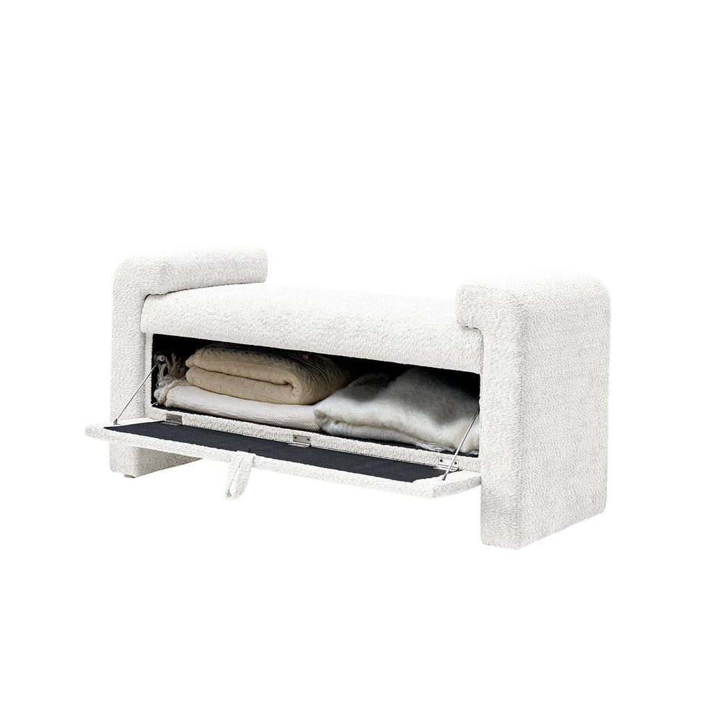 Banc en tissu bouclé avec tiroir escamotable et pieds en bois massif | Ivoire / Noir / Sauge | Simple