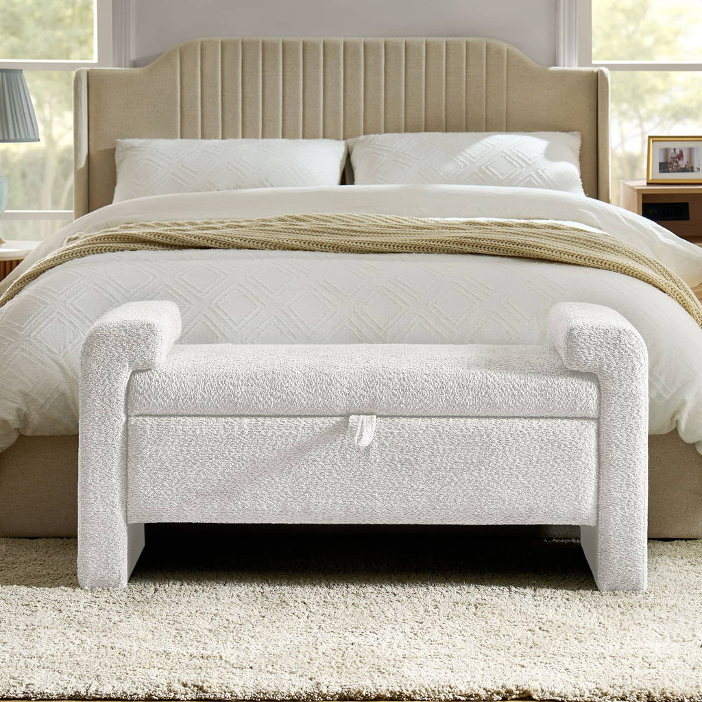 Banc en tissu bouclé avec tiroir escamotable et pieds en bois massif | Ivoire / Noir / Sauge | Simple