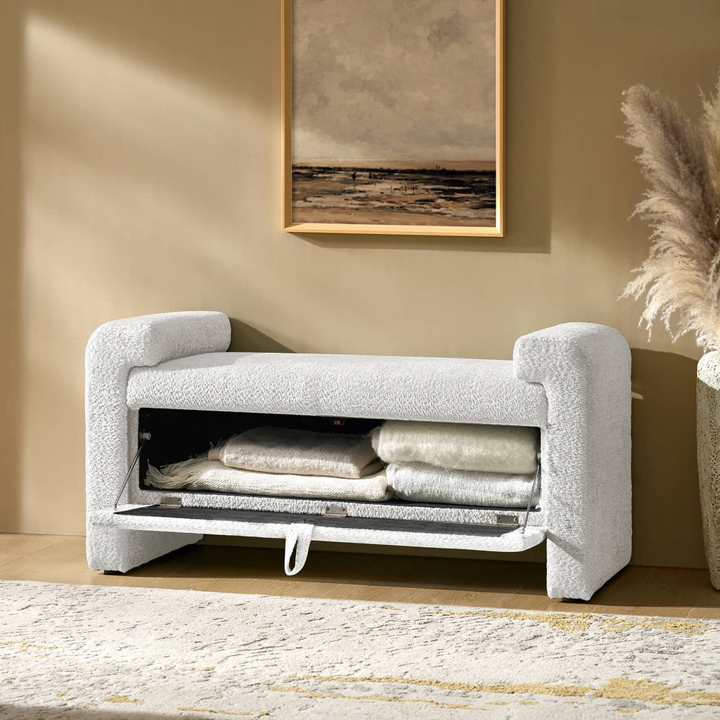 Banc en tissu bouclé avec tiroir escamotable et pieds en bois massif | Ivoire / Noir / Sauge | Simple