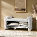 Banc en tissu bouclé avec tiroir escamotable et pieds en bois massif | Ivoire / Noir / Sauge | Simple