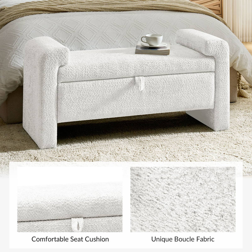 Banc en tissu bouclé avec tiroir escamotable et pieds en bois massif | Ivoire / Noir / Sauge | Simple