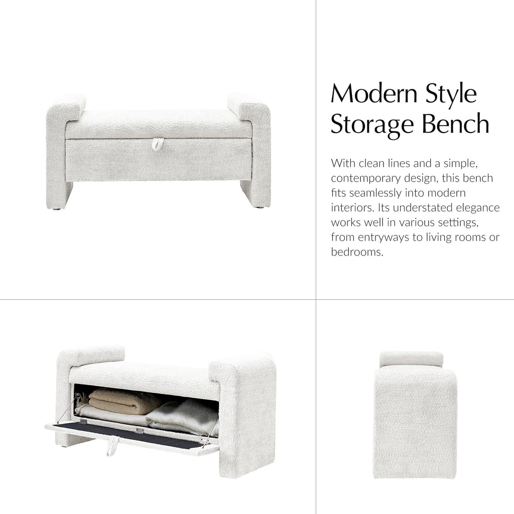Banc en tissu bouclé avec tiroir escamotable et pieds en bois massif | Ivoire / Noir / Sauge | Simple