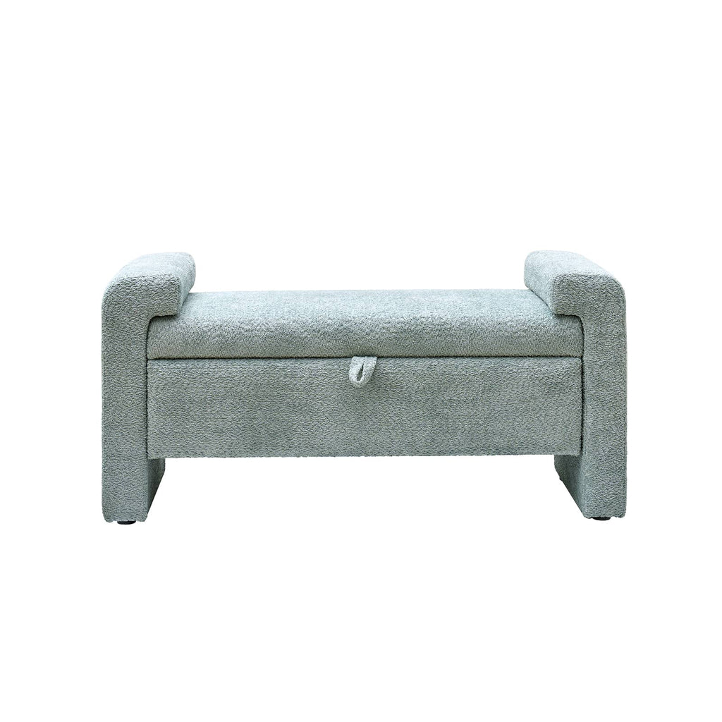 Banc en tissu bouclé avec tiroir escamotable et pieds en bois massif | Ivoire / Noir / Sauge | Simple