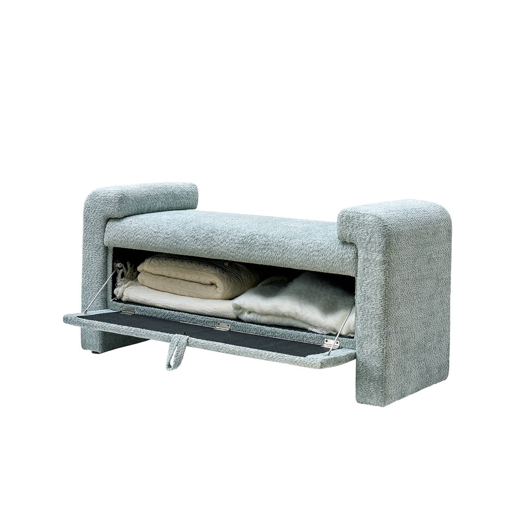 Banc en tissu bouclé avec tiroir escamotable et pieds en bois massif | Ivoire / Noir / Sauge | Simple