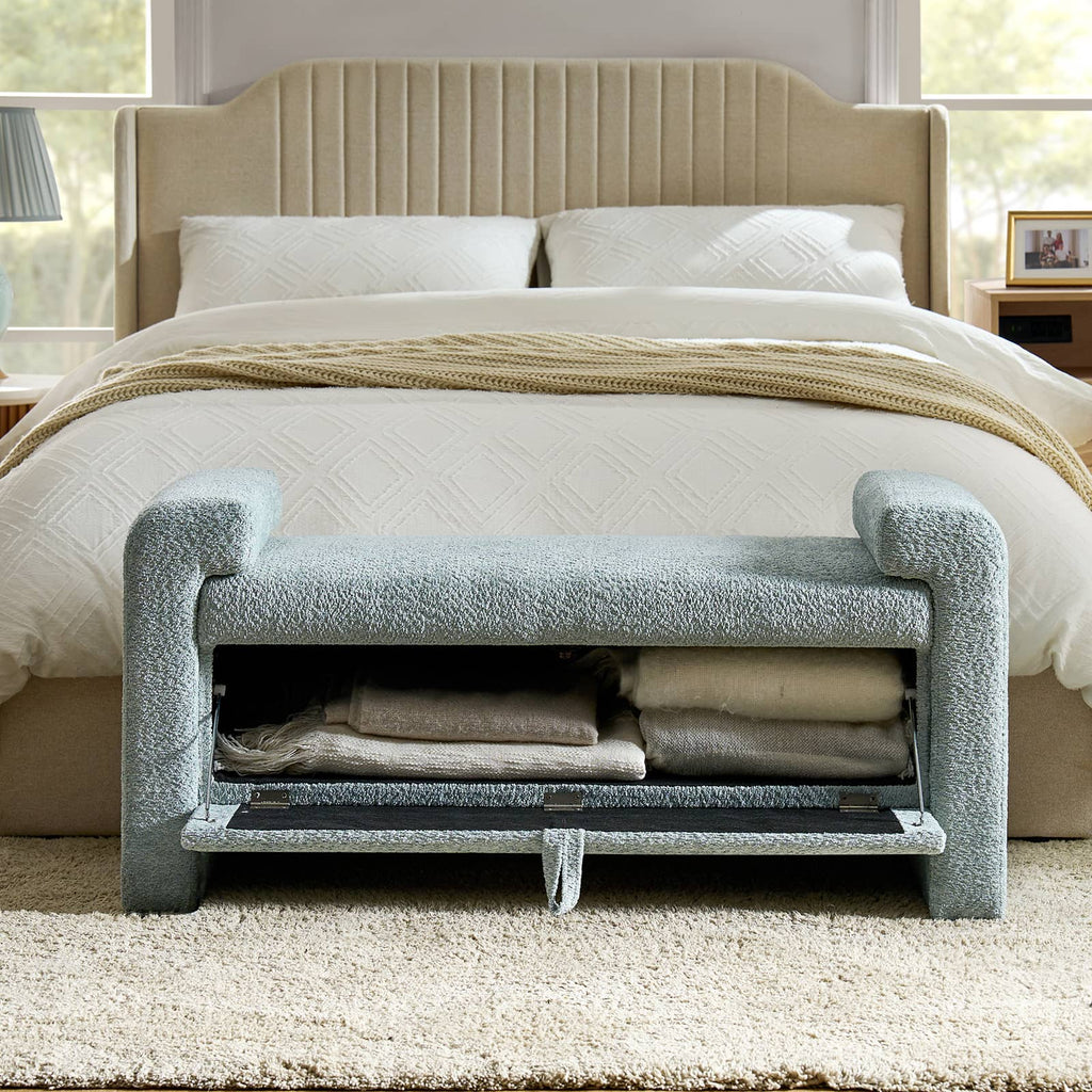 Banc en tissu bouclé avec tiroir escamotable et pieds en bois massif | Ivoire / Noir / Sauge | Simple
