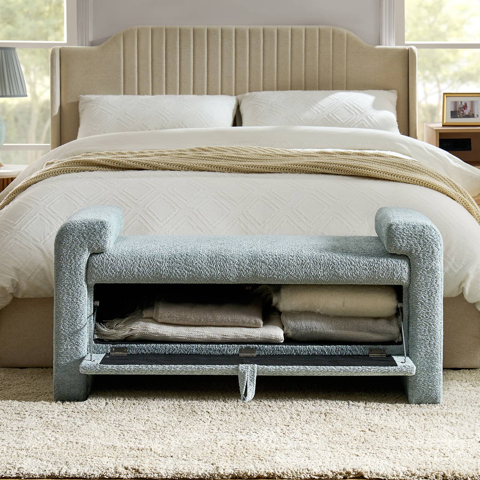 Banc en tissu bouclé avec tiroir escamotable et pieds en bois massif | Ivoire / Noir / Sauge | Simple