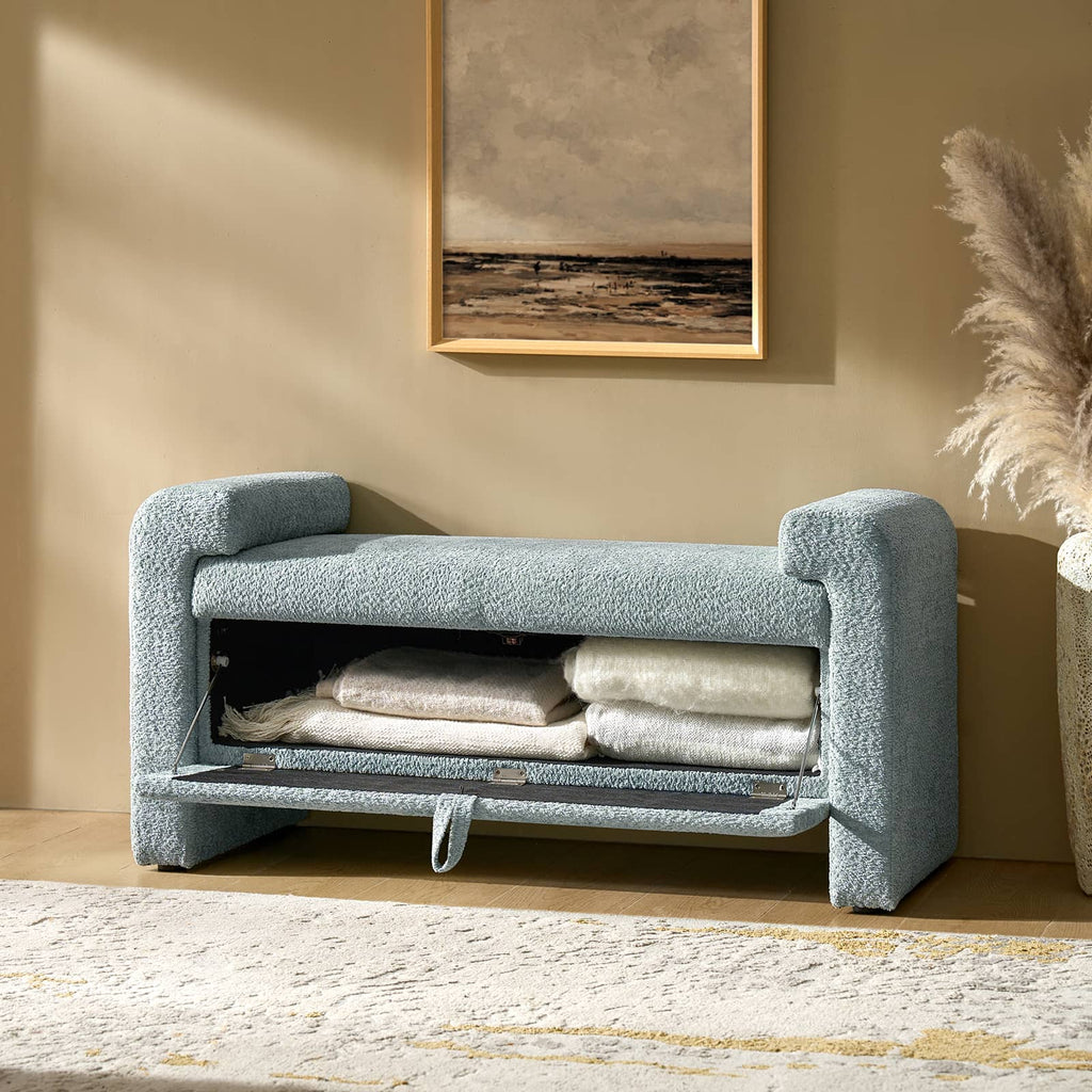 Banc en tissu bouclé avec tiroir escamotable et pieds en bois massif | Ivoire / Noir / Sauge | Simple