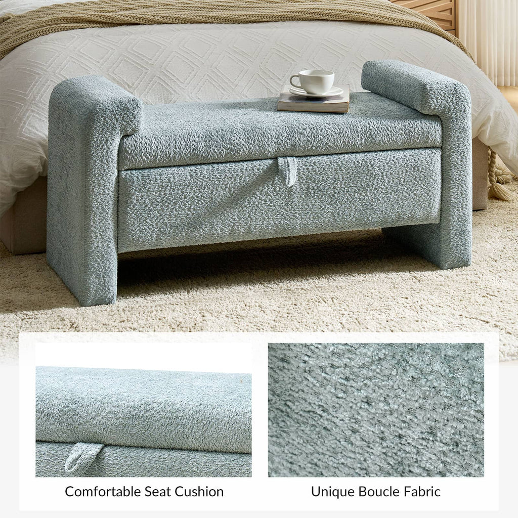 Banc en tissu bouclé avec tiroir escamotable et pieds en bois massif | Ivoire / Noir / Sauge | Simple