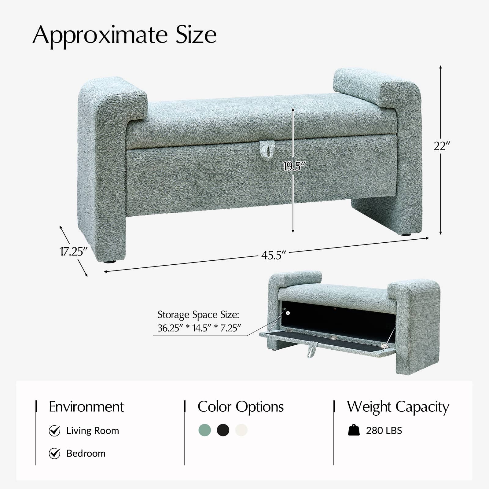 Banc en tissu bouclé avec tiroir escamotable et pieds en bois massif | Ivoire / Noir / Sauge | Simple
