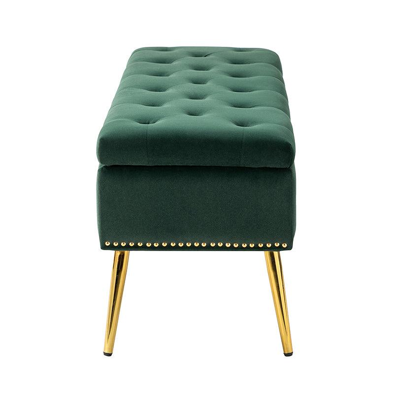 Banc de rangement capitonné en velours avec garniture cloutée, assise en mousse et pieds en métal évasés dorés | Ivoire / Moutarde / Fauve / Fuchsia / Noir / Bleu marine / Gris / Orange / Sauge / Vert / Sarcelle | Simple