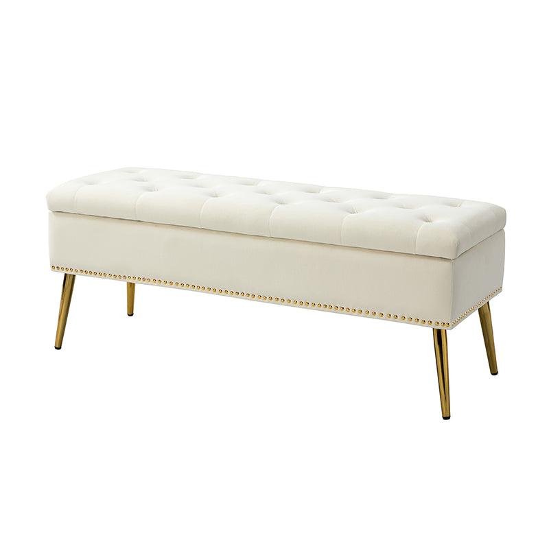 Banc de rangement capitonné en velours avec garniture cloutée, assise en mousse et pieds en métal évasés dorés | Ivoire / Moutarde / Fauve / Fuchsia / Noir / Bleu marine / Gris / Orange / Sauge / Vert / Sarcelle | Simple