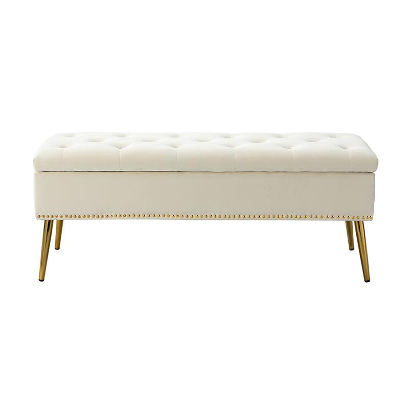 Banc de rangement capitonné en velours avec garniture cloutée, assise en mousse et pieds en métal évasés dorés | Ivoire / Moutarde / Fauve / Fuchsia / Noir / Bleu marine / Gris / Orange / Sauge / Vert / Sarcelle | Simple