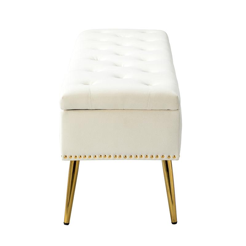 Banc de rangement capitonné en velours avec garniture cloutée, assise en mousse et pieds en métal évasés dorés | Ivoire / Moutarde / Fauve / Fuchsia / Noir / Bleu marine / Gris / Orange / Sauge / Vert / Sarcelle | Simple
