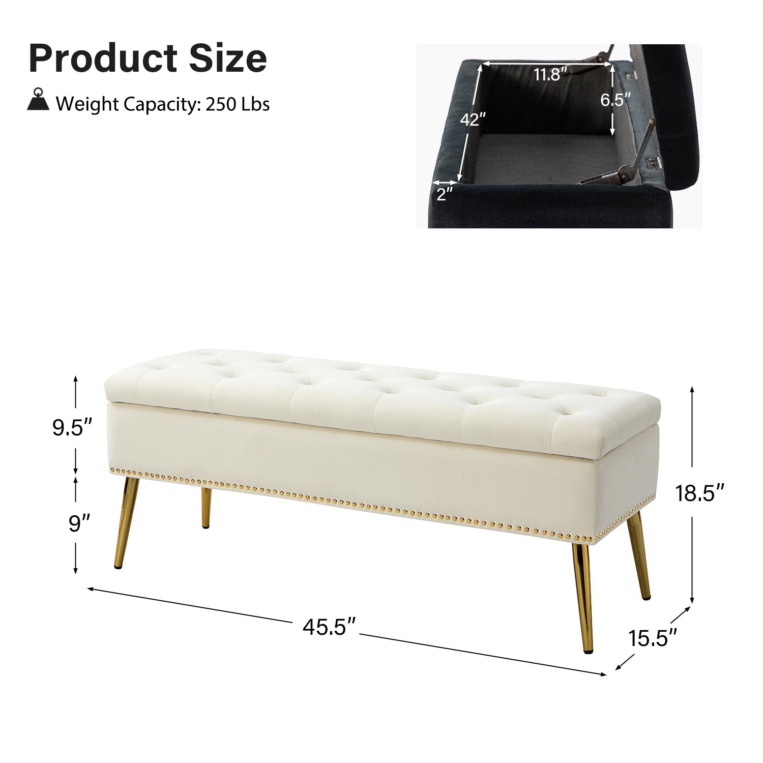 Banc de rangement capitonné en velours avec garniture cloutée, assise en mousse et pieds en métal évasés dorés | Ivoire / Moutarde / Fauve / Fuchsia / Noir / Bleu marine / Gris / Orange / Sauge / Vert / Sarcelle | Simple
