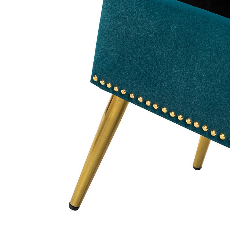 Banc de rangement capitonné en velours avec garniture cloutée, assise en mousse et pieds en métal évasés dorés | Ivoire / Moutarde / Fauve / Fuchsia / Noir / Bleu marine / Gris / Orange / Sauge / Vert / Sarcelle | Simple