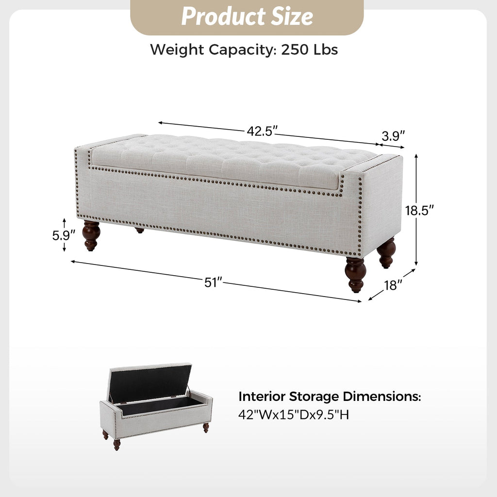 Banc de rangement capitonné avec couvercle rabattable, garniture cloutée en cuivre, assise en mousse et pieds en bois massif de noyer tournés | Ivoire | Individuel
