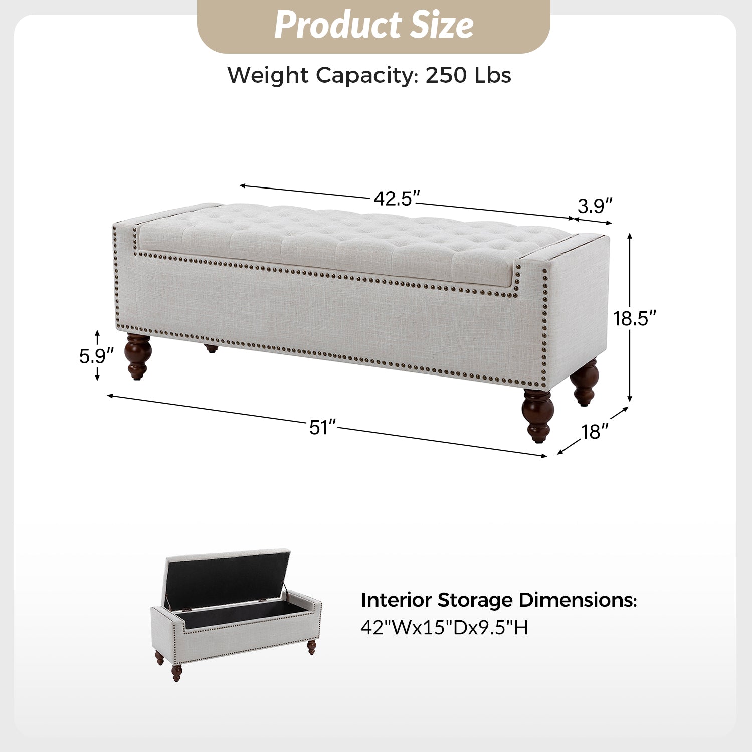 Banc de rangement capitonné avec couvercle rabattable, garniture cloutée en cuivre, assise en mousse et pieds en bois massif de noyer tournés | Ivoire | Individuel