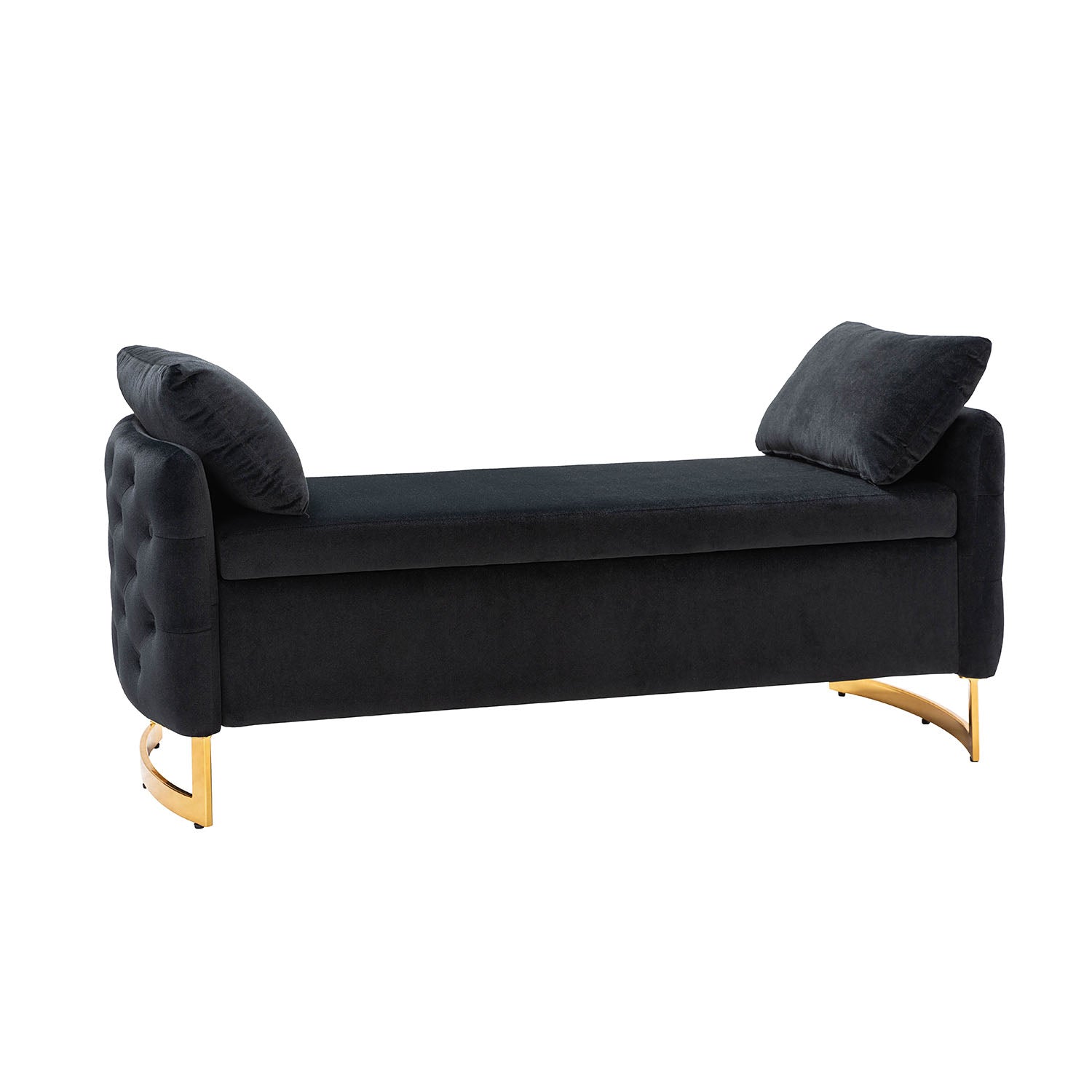 Banc de rangement capitonné avec accoudoirs, dessus relevable, rembourrage en mousse et pieds dorés | Ivoire / Moutarde / Noir / Bleu marine / Sarcelle | Simple