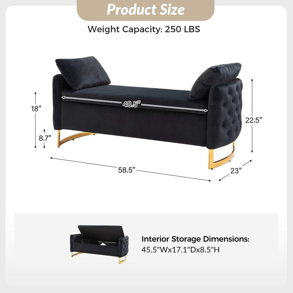 Banc de rangement capitonné avec accoudoirs, dessus relevable, rembourrage en mousse et pieds dorés | Ivoire / Moutarde / Noir / Bleu marine / Sarcelle | Simple