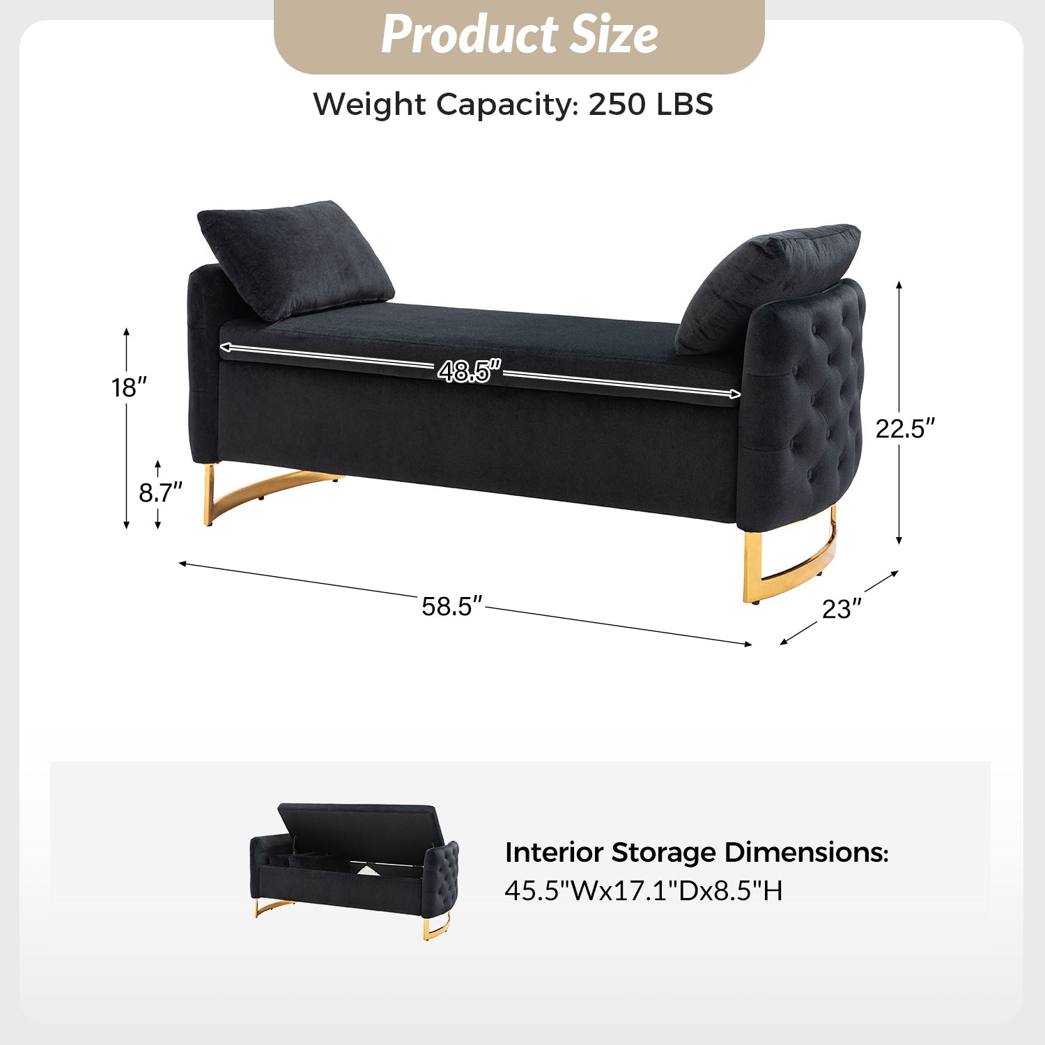 Banc de rangement capitonné avec accoudoirs, dessus relevable, rembourrage en mousse et pieds dorés | Ivoire / Moutarde / Noir / Bleu marine / Sarcelle | Simple