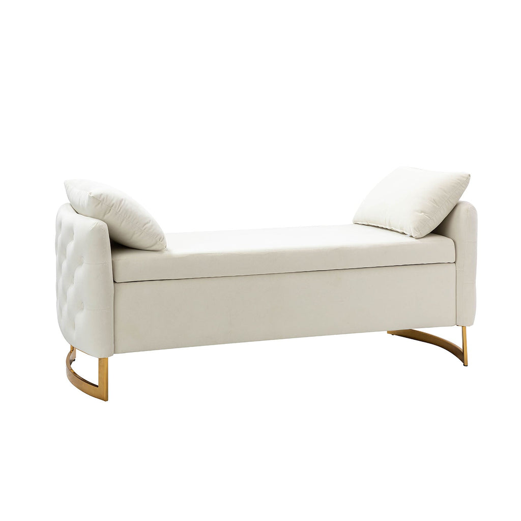 Banc de rangement capitonné avec accoudoirs, dessus relevable, rembourrage en mousse et pieds dorés | Ivoire / Moutarde / Noir / Bleu marine / Sarcelle | Simple