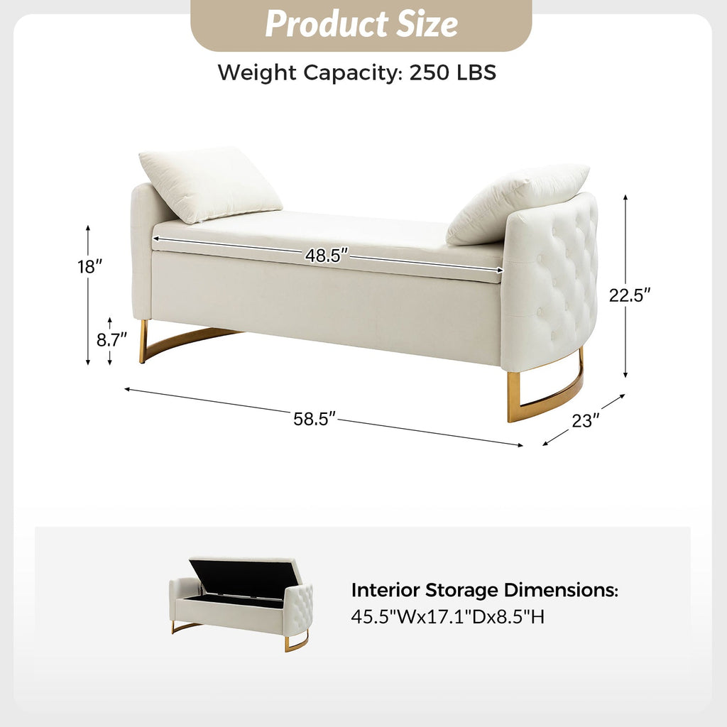 Banc de rangement capitonné avec accoudoirs, dessus relevable, rembourrage en mousse et pieds dorés | Ivoire / Moutarde / Noir / Bleu marine / Sarcelle | Simple