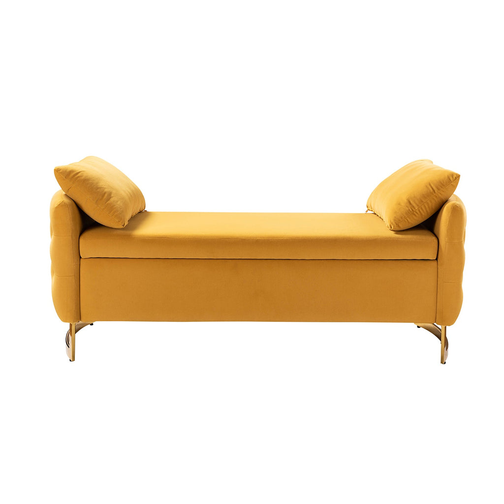 Banc de rangement capitonné avec accoudoirs, dessus relevable, rembourrage en mousse et pieds dorés | Ivoire / Moutarde / Noir / Bleu marine / Sarcelle | Simple