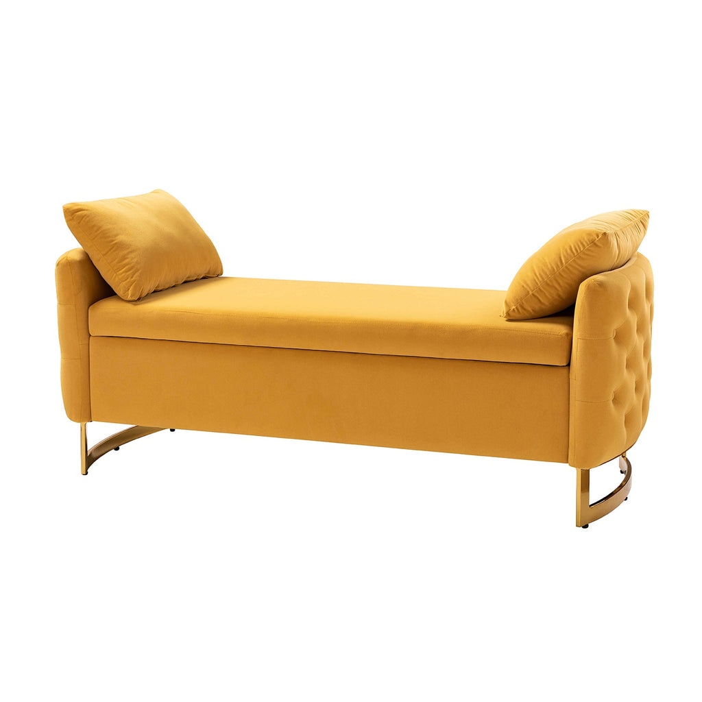 Banc de rangement capitonné avec accoudoirs, dessus relevable, rembourrage en mousse et pieds dorés | Ivoire / Moutarde / Noir / Bleu marine / Sarcelle | Simple