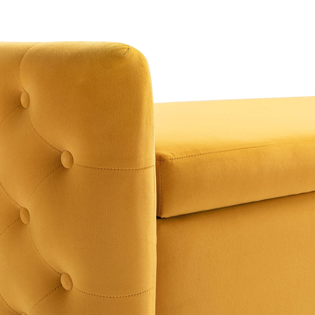Banc de rangement capitonné avec accoudoirs, dessus relevable, rembourrage en mousse et pieds dorés | Ivoire / Moutarde / Noir / Bleu marine / Sarcelle | Simple