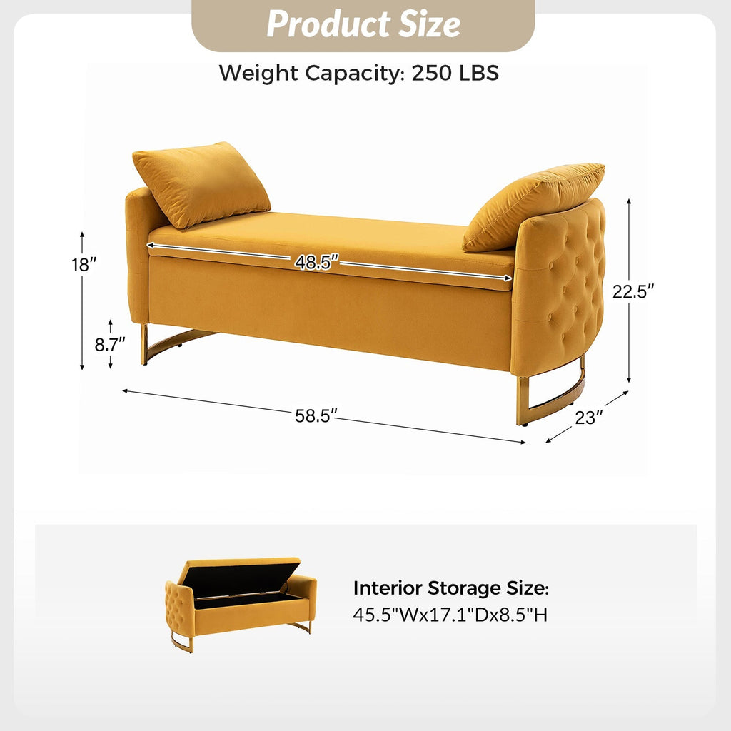 Banc de rangement capitonné avec accoudoirs, dessus relevable, rembourrage en mousse et pieds dorés | Ivoire / Moutarde / Noir / Bleu marine / Sarcelle | Simple