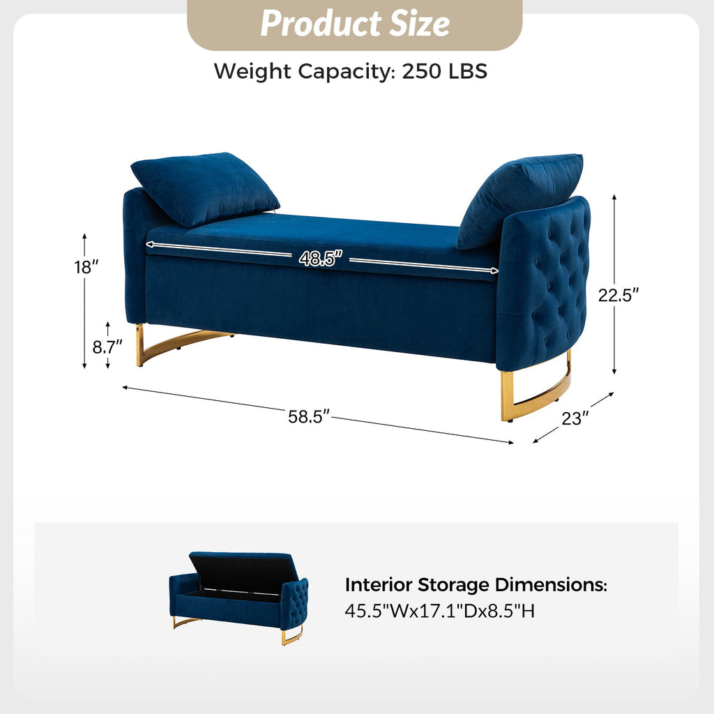 Banc de rangement capitonné avec accoudoirs, dessus relevable, rembourrage en mousse et pieds dorés | Ivoire / Moutarde / Noir / Bleu marine / Sarcelle | Simple