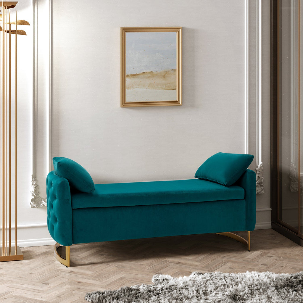 Banc de rangement capitonné avec accoudoirs, dessus relevable, rembourrage en mousse et pieds dorés | Ivoire / Moutarde / Noir / Bleu marine / Sarcelle | Simple