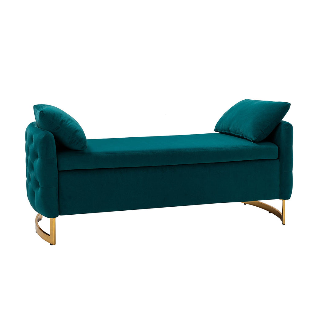 Banc de rangement capitonné avec accoudoirs, dessus relevable, rembourrage en mousse et pieds dorés | Ivoire / Moutarde / Noir / Bleu marine / Sarcelle | Simple