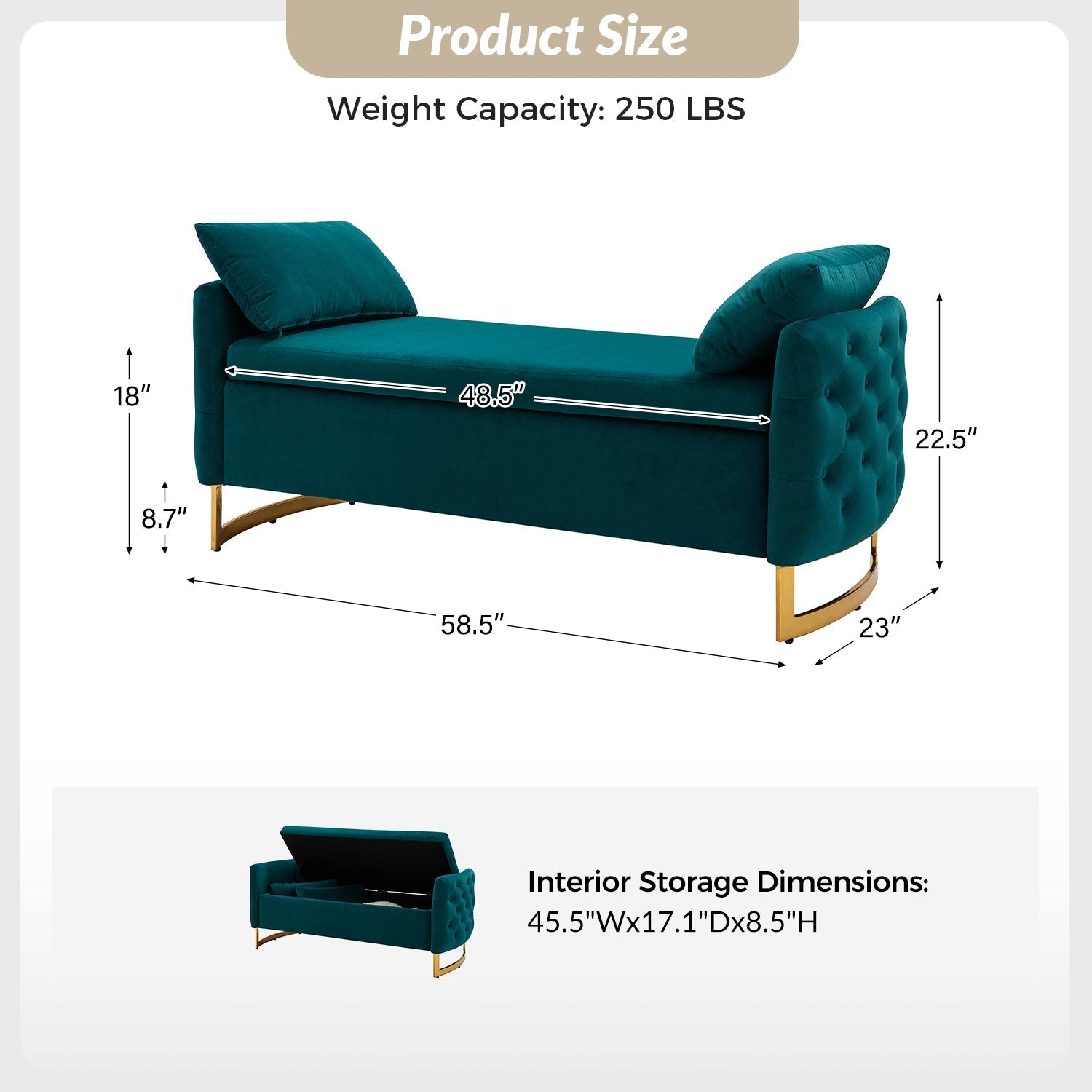 Banc de rangement capitonné avec accoudoirs, dessus relevable, rembourrage en mousse et pieds dorés | Ivoire / Moutarde / Noir / Bleu marine / Sarcelle | Simple